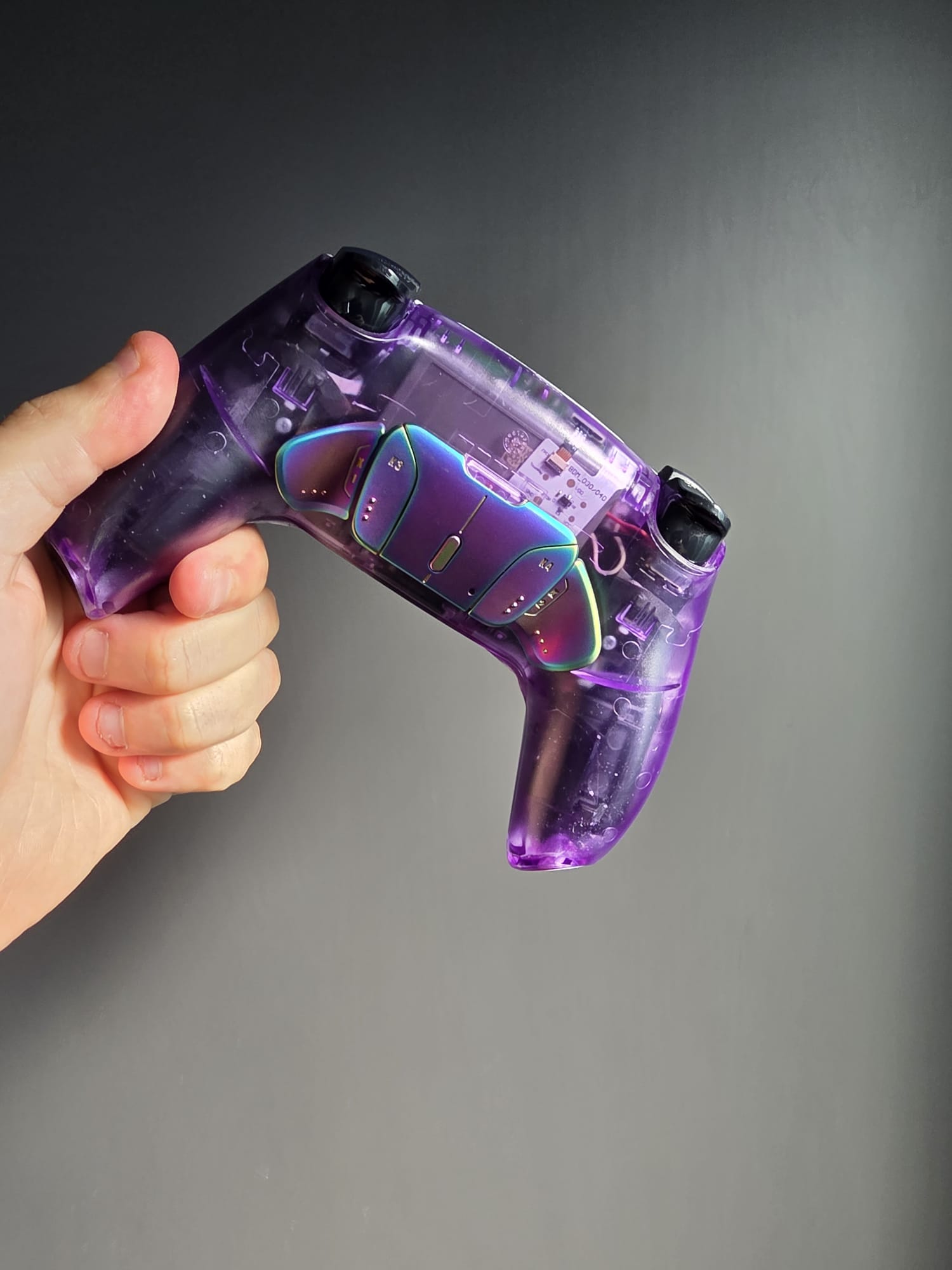 Clear purple custom controller built by Voltage
