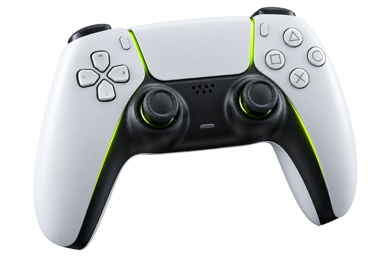 White and black PS5-style custom controller with lime lighting